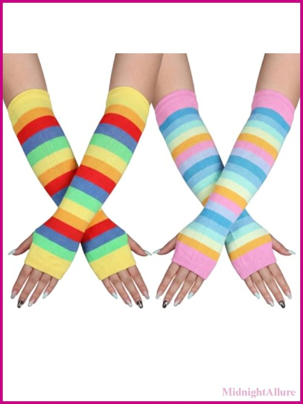 2 Pairs Striped Arm Warmers Long Fingerless Gloves Acrylic